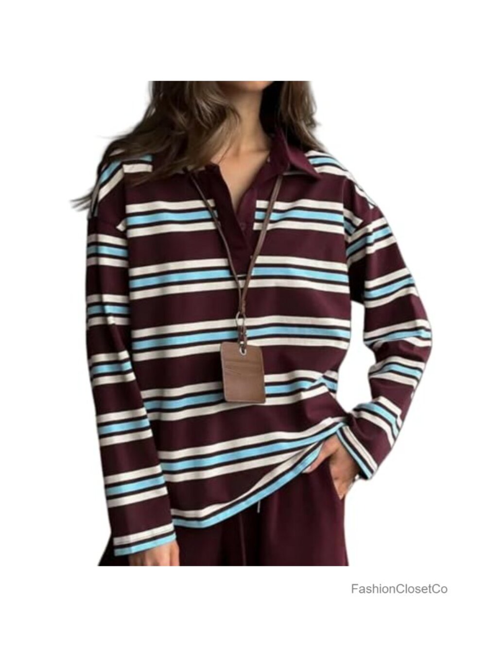 Women's Cotton Blend Rugby Striped Polo Shirt Long Sleeve Button Down Y2K